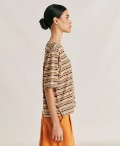 Donne Momonì T-Shirts E Top-Thirt Iora In Jersey Lurex A Righe - Ruggine Multicolor