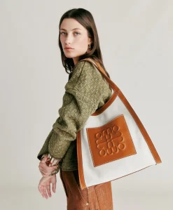 Donne Momonì Borse E Pochette-Tote Bag Geraldine In Pelle E Canvas - Beige