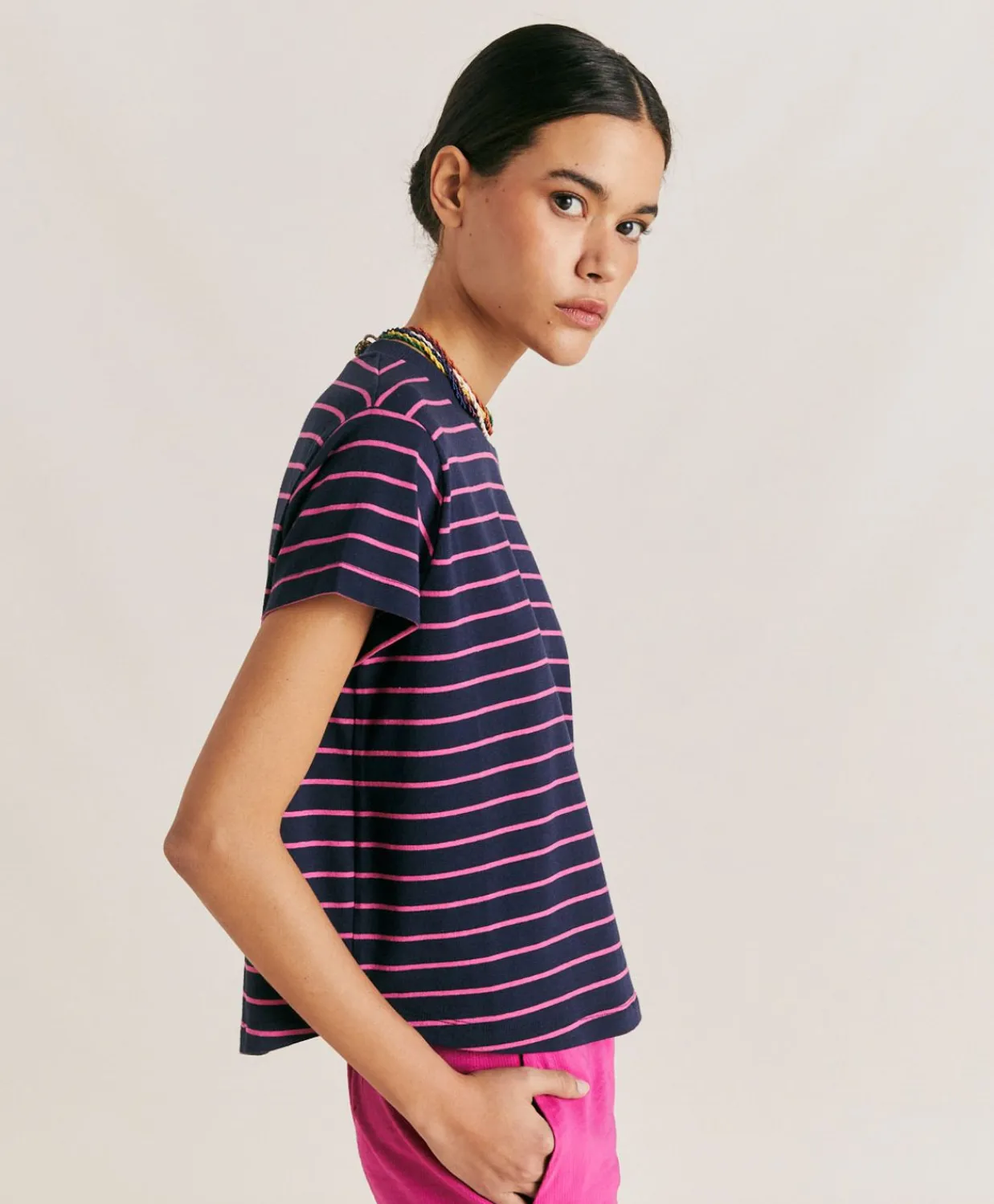 Donne Momonì T-Shirts E Top-Tshirt Lottie In Jersey A Righine - Fucsia/Blu