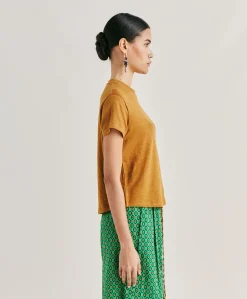 Donne Momonì T-Shirts E Top-Tshirt Lottie In Jersey Lino - Caramello