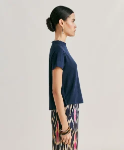 Donne Momonì T-Shirts E Top-Tshirt Lottie In Jersey Lino - Blu Notte