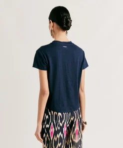Donne Momonì T-Shirts E Top-Tshirt Lottie In Jersey Lino - Blu Notte
