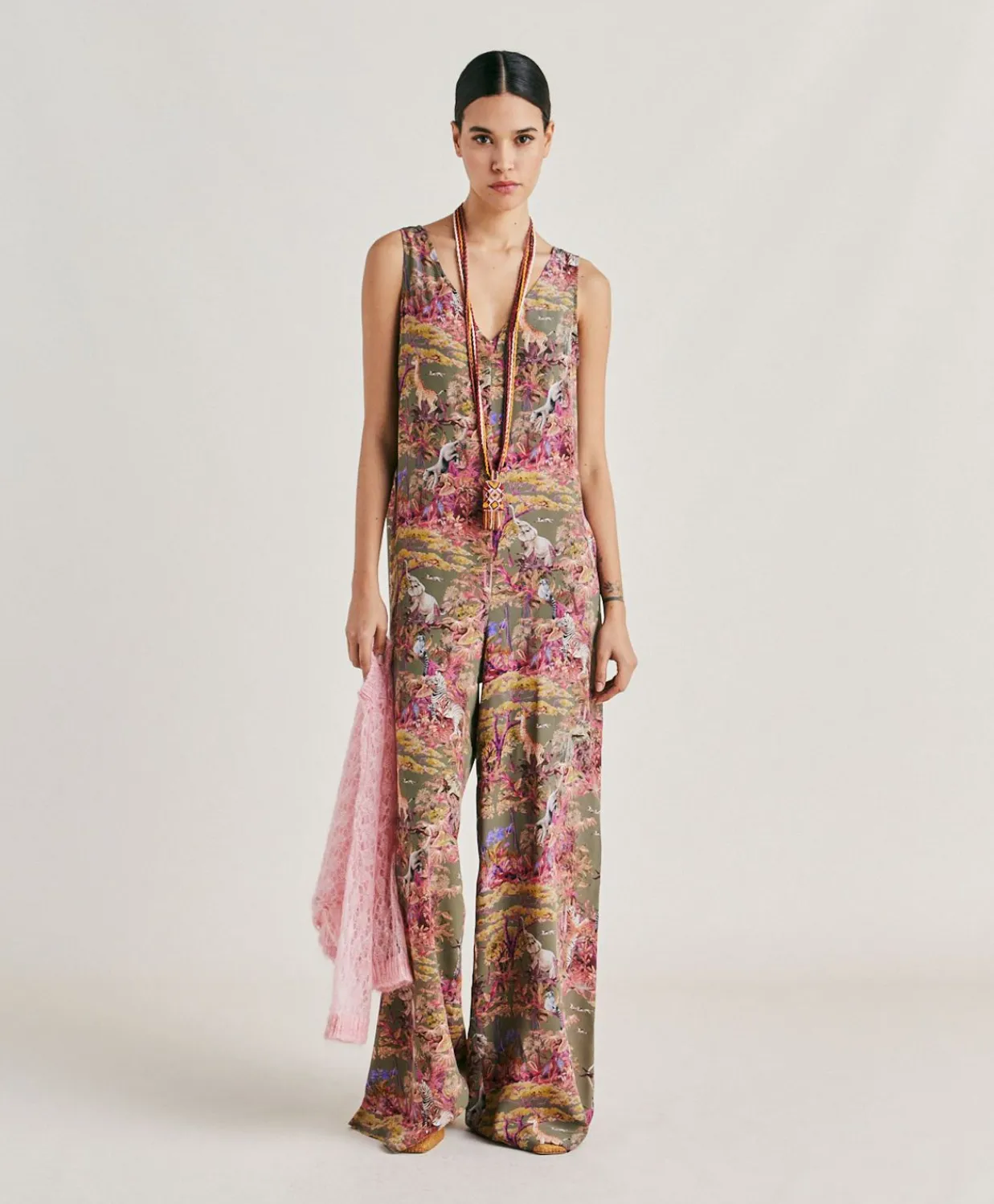 Donne Momonì Vestiti-Tuta Lunga Matilde In Crepe De Chine - Oliva Multicolor