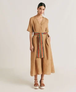 Donne Momonì Vestiti-Vestito Altamura In Lino - Sabbia
