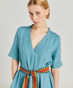 Donne Momonì Vestiti-Vestito Altamura In Lino - Ceruleo