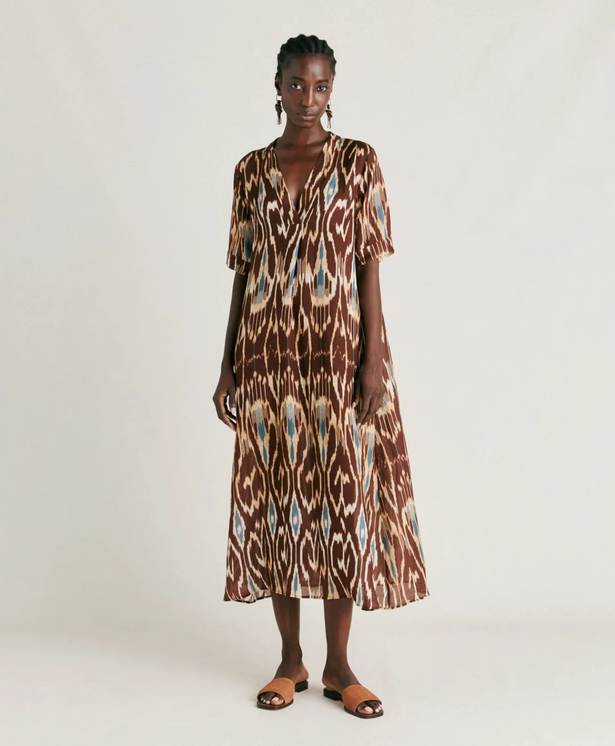 Donne Momonì Vestiti-Vestito Altamura In Viscosa Lino - Cacao Multicolor