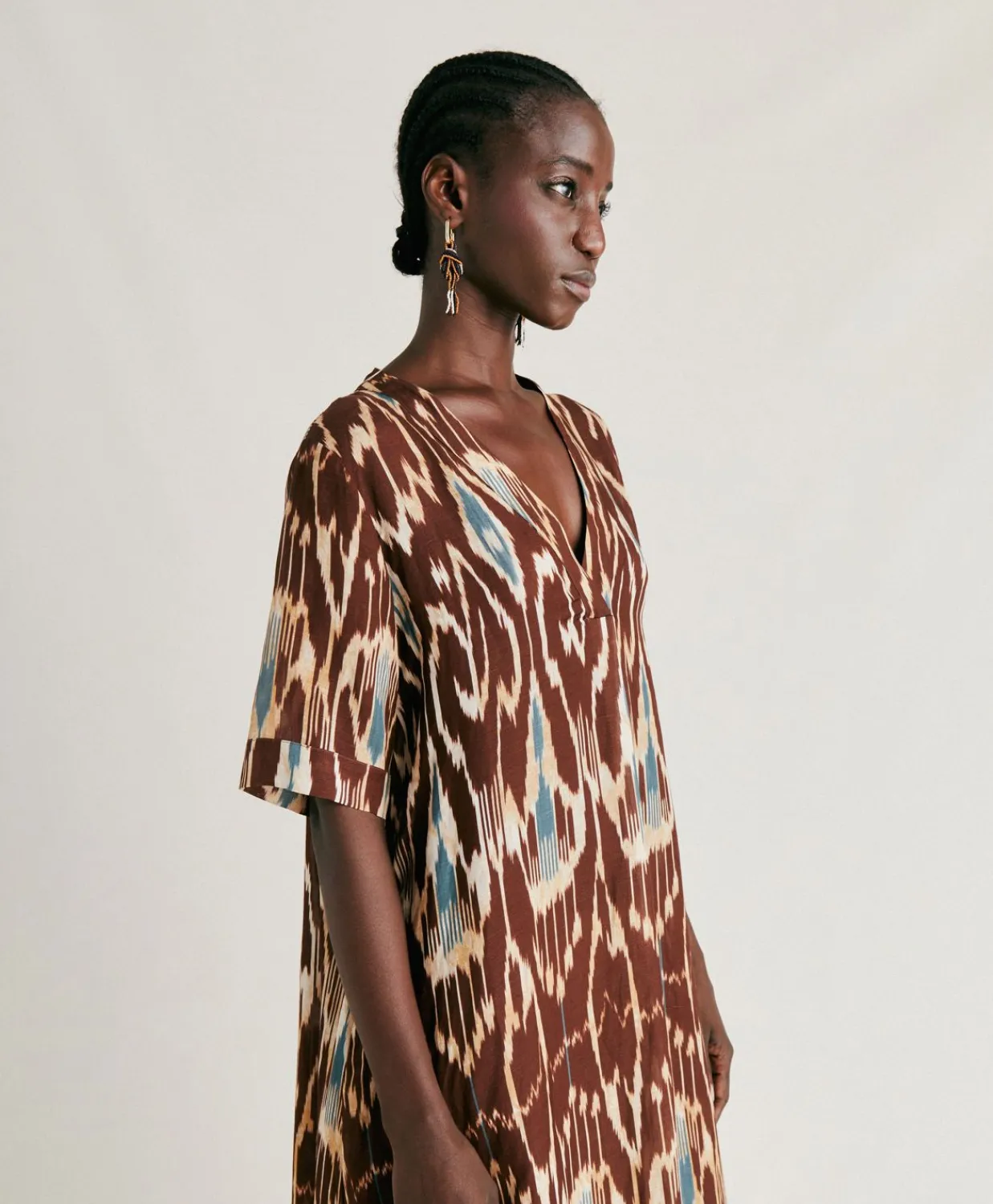 Donne Momonì Vestiti-Vestito Altamura In Viscosa Lino - Cacao Multicolor