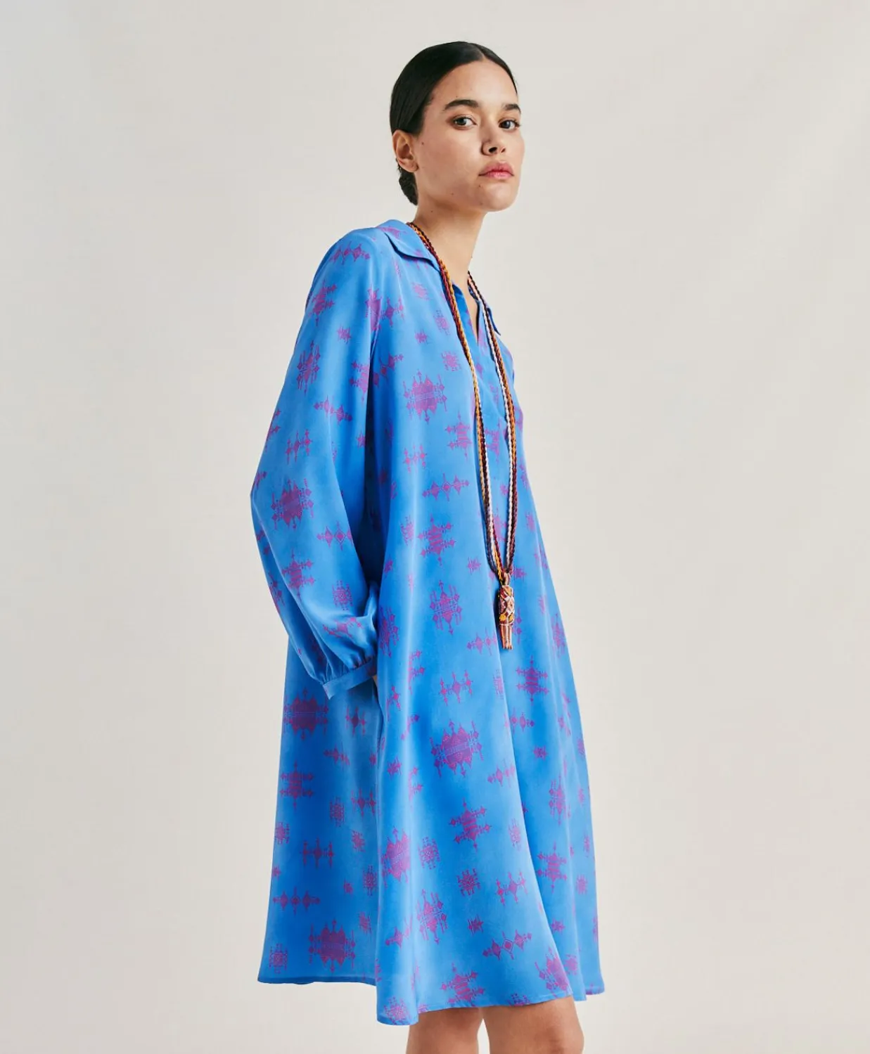 Donne Momonì Vestiti-Vestito Ambra In Crepe De Chine - Bluette/Fucsia