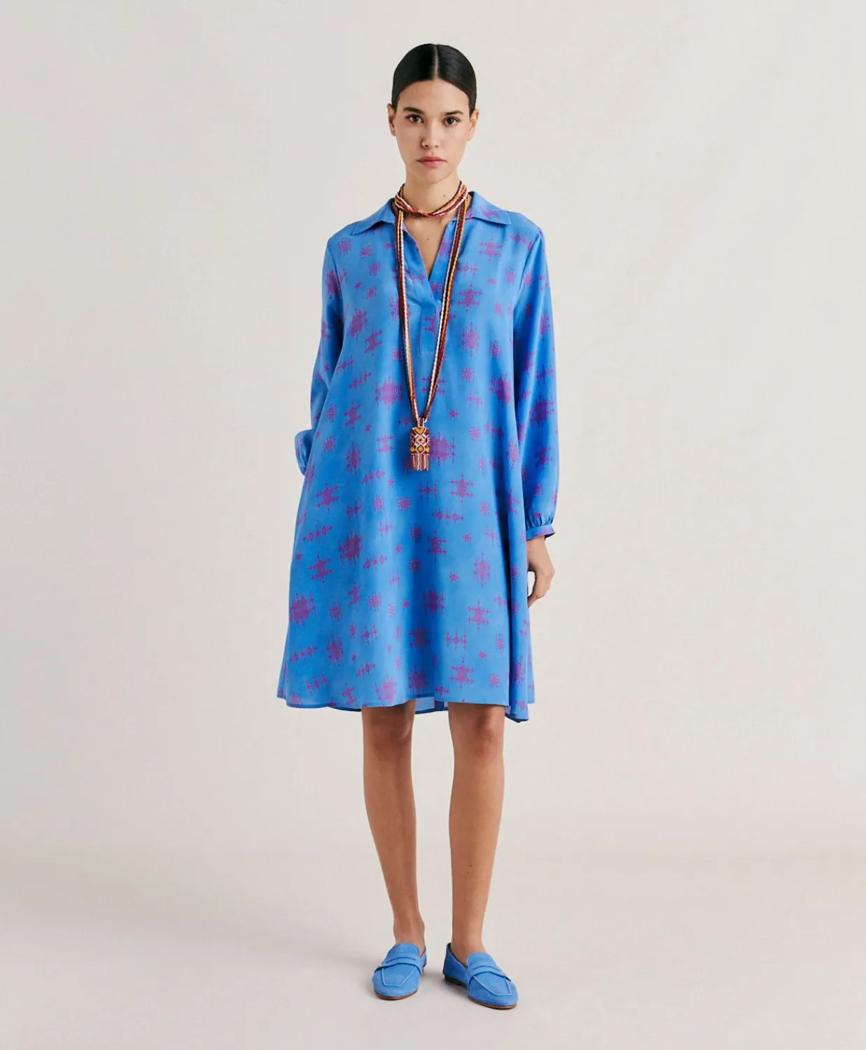 Donne Momonì Vestiti-Vestito Ambra In Crepe De Chine - Bluette/Fucsia