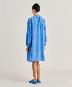 Donne Momonì Vestiti-Vestito Ambra In Crepe De Chine - Bluette/Fucsia