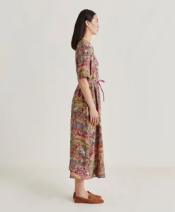 Donne Momonì Vestiti-Vestito Penelope In Crepe De Chine - Oliva Multicolor