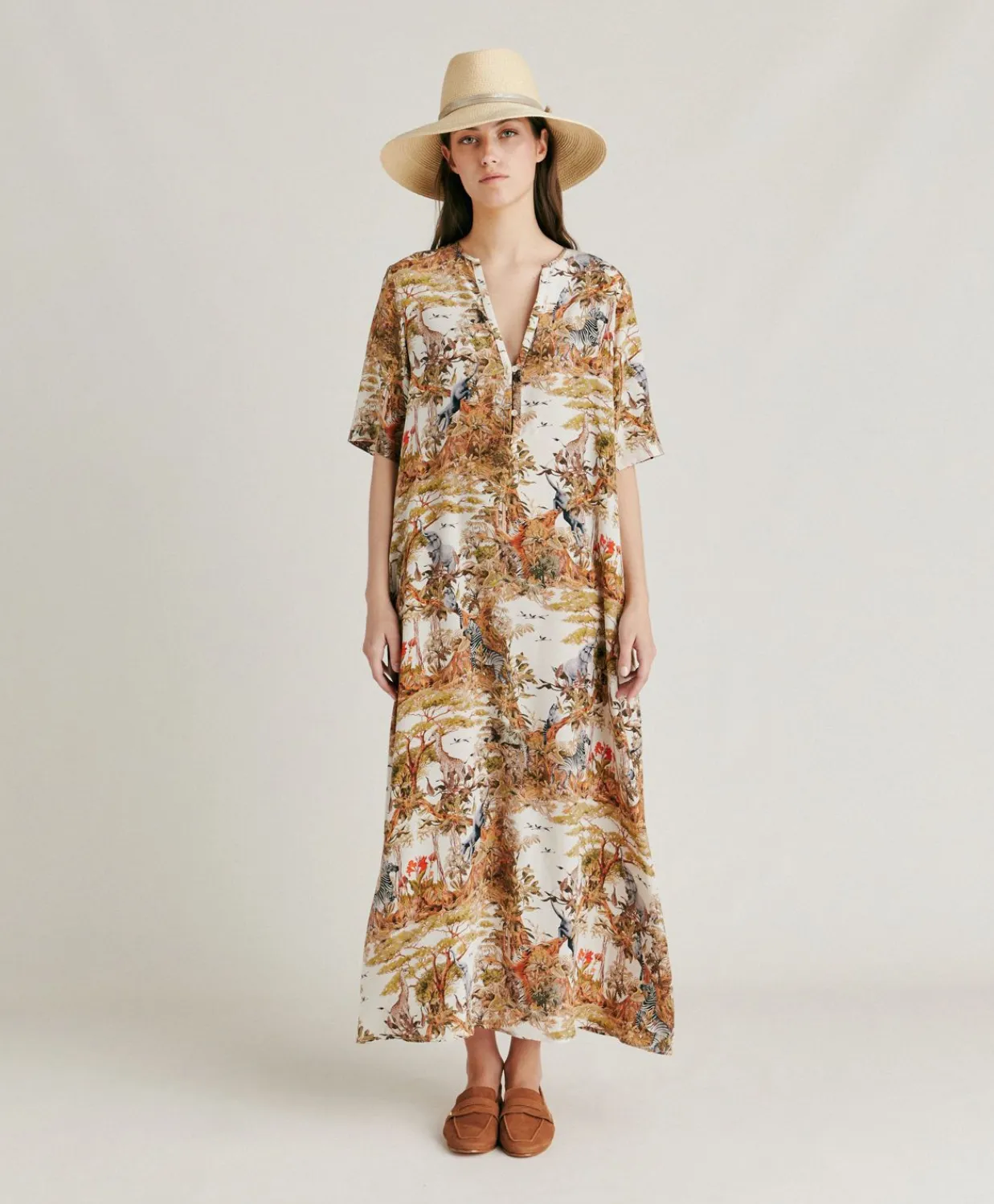 Donne Momonì Vestiti-Vestito Penelope In Crepe De Chine - Panna / Multicolor