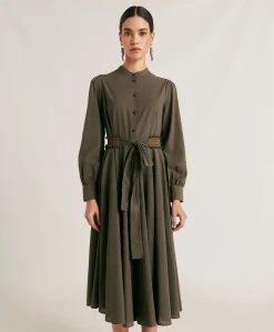 Donne Momonì Vestiti-Vestito Sinzias Con Voile Di Cotone - Army